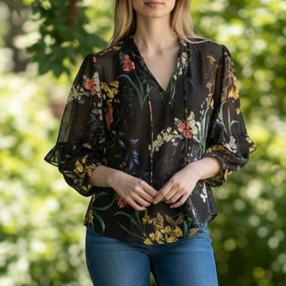 Chicos Black Floral Sheer Ruffle Puffy Whimsigoth Fairy Boho Shirt Women Size 10